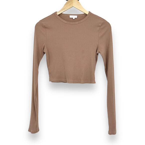 Meshki Caroline Long Sleeve Ribbed Fitted Cropped Top Women's XL Brown Neutral - Picture 2 of 7